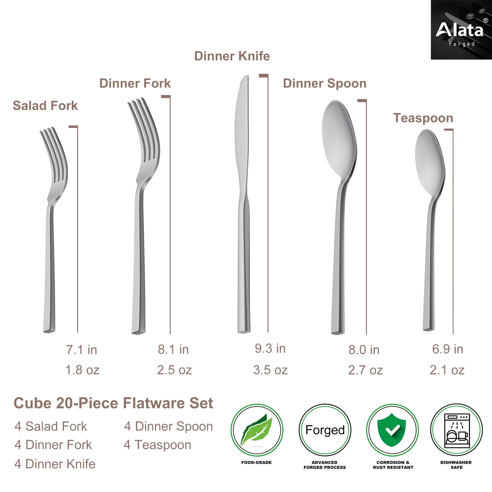 Alata Cube salad fork with square handle, sturdy daily use.