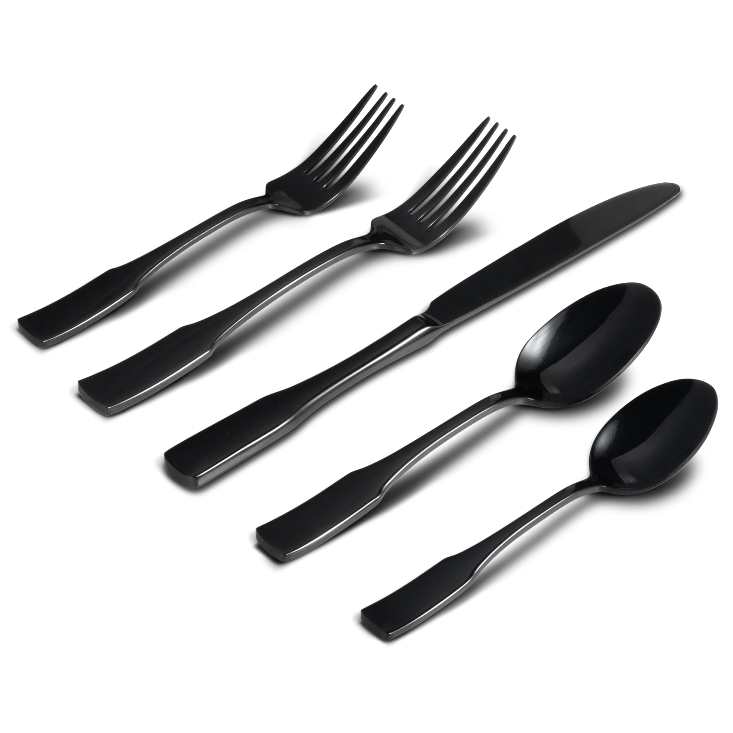 Alata Kate black mirror 40-piece silverware set in service for eight, ideal for elegant family dining.