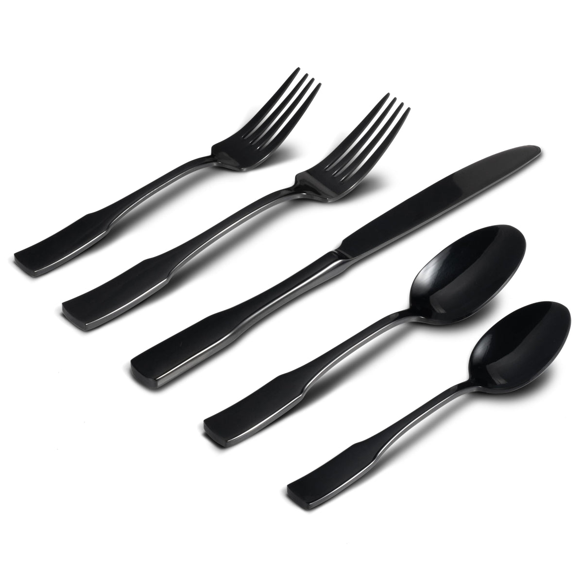 Alata Kate black mirror 40-piece silverware set in service for eight, ideal for elegant family dining.