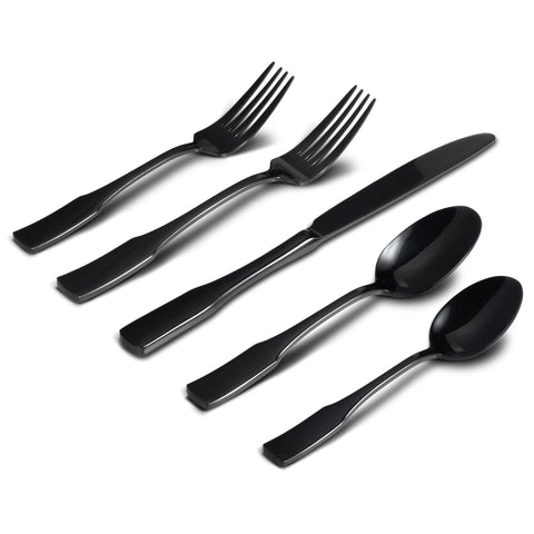Alata Kate black mirror 40-piece silverware set in service for eight, ideal for elegant family dining.