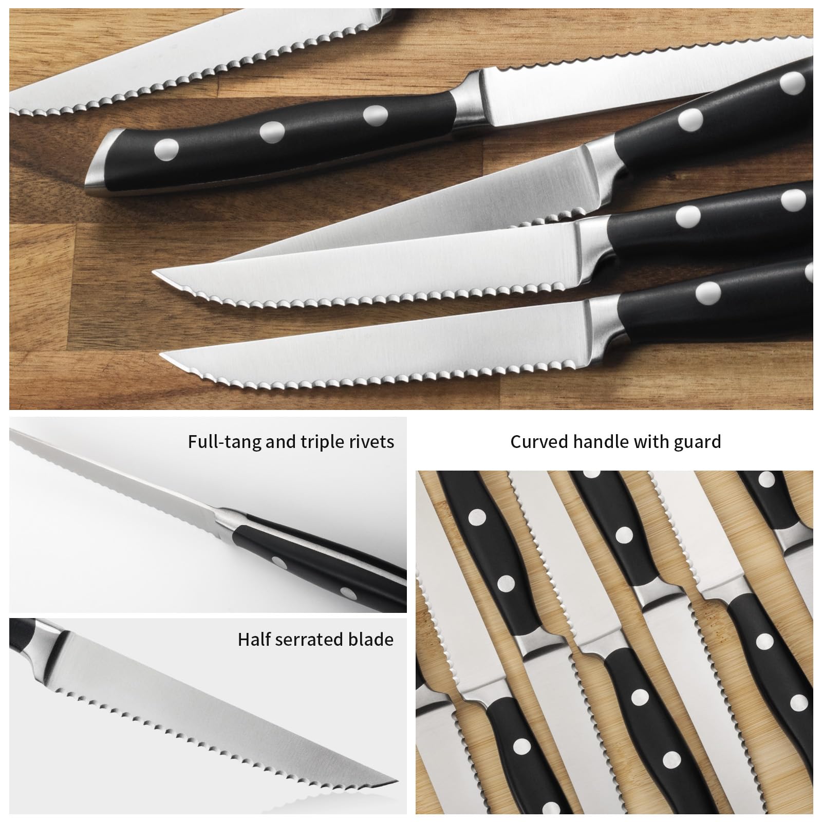 Alata razor-sharp serrated steak knives for effortless slicing of cooked meats.