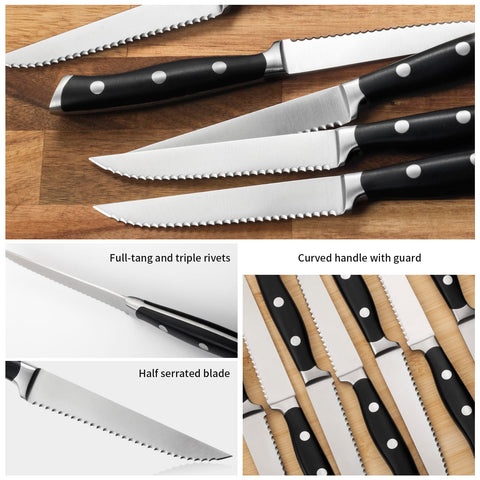 Alata razor-sharp serrated steak knives for effortless slicing of cooked meats.