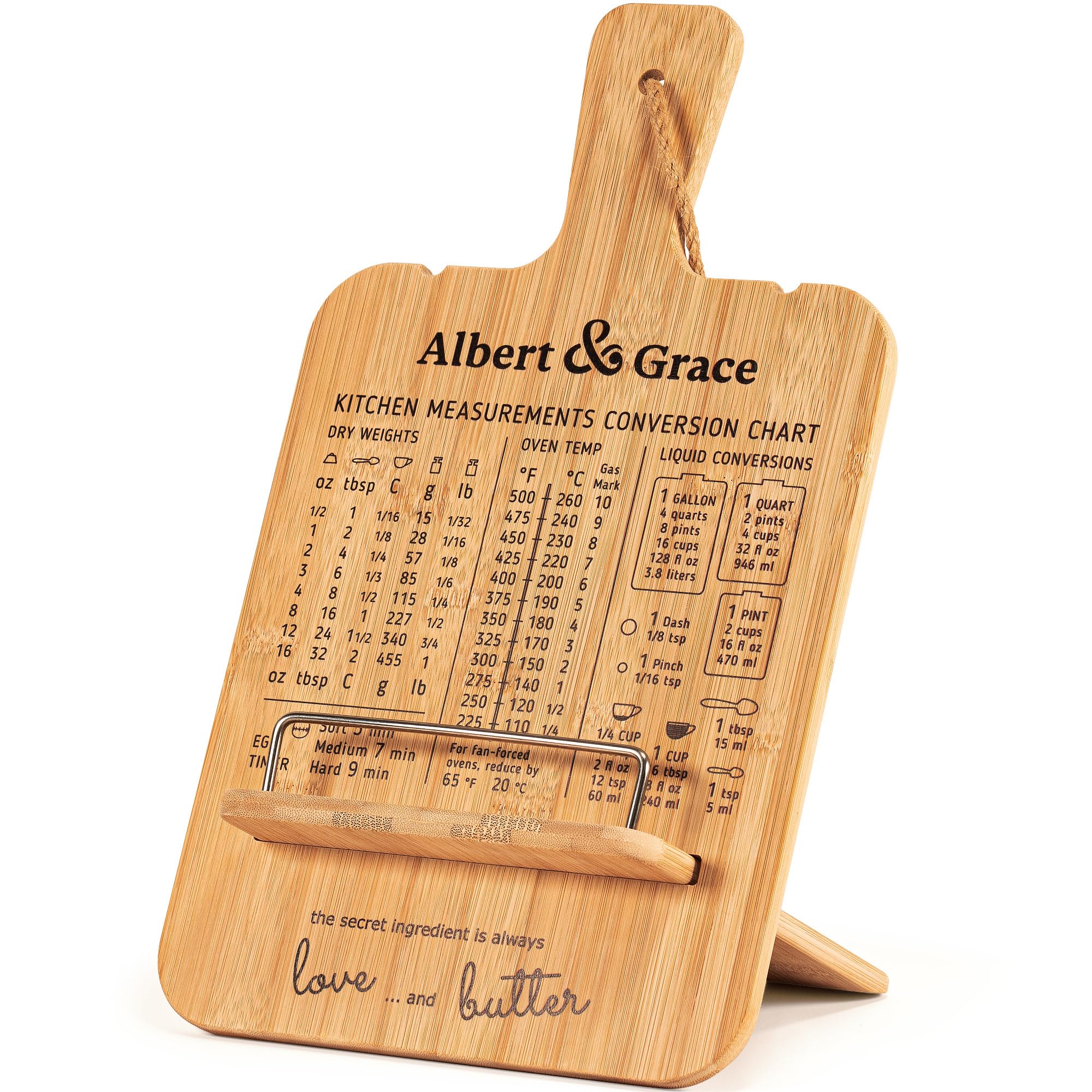 Albert&Grace adjustable bamboo cookbook stand provides hands-free recipe viewing at the counter.