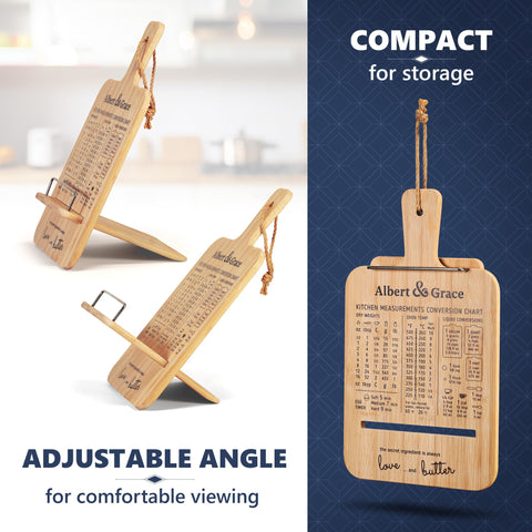 Albert&Grace adjustable holding plate fits thick cookbooks and tablets.