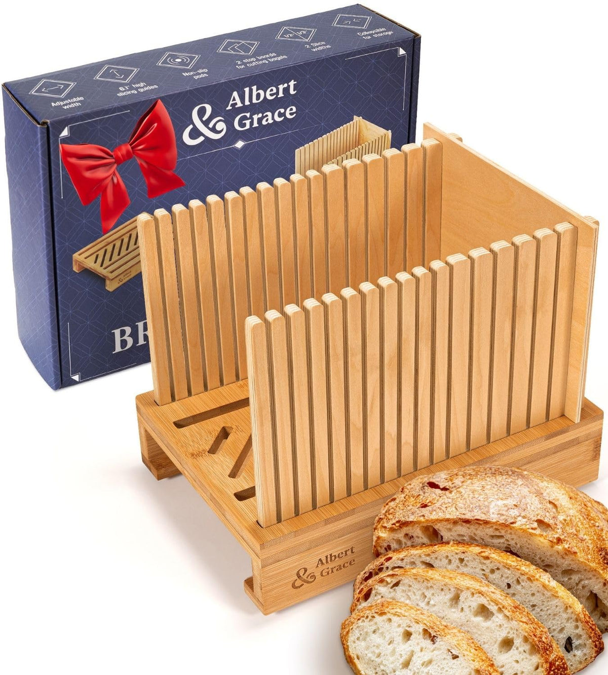 Albert & Grace bread slicer folded flat for compact drawer storage and quick access.