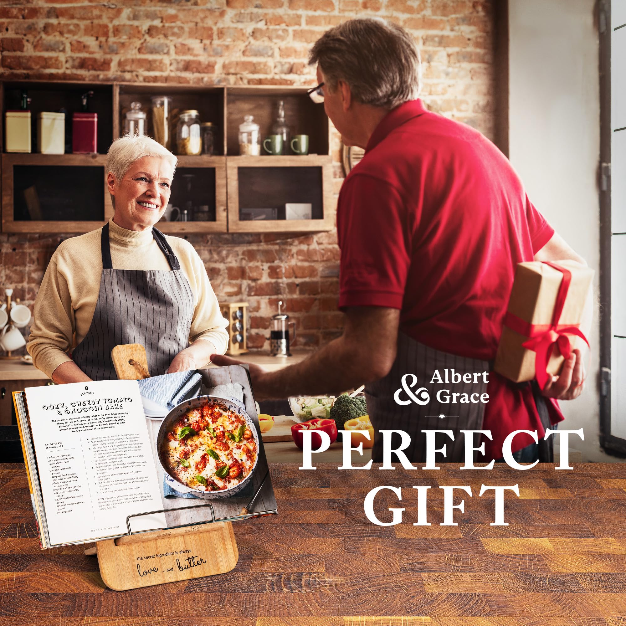 Albert&Grace multipurpose recipe holder supports books, cards, and tablets.