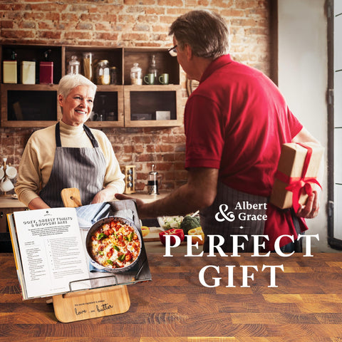 Albert&Grace multipurpose recipe holder supports books, cards, and tablets.