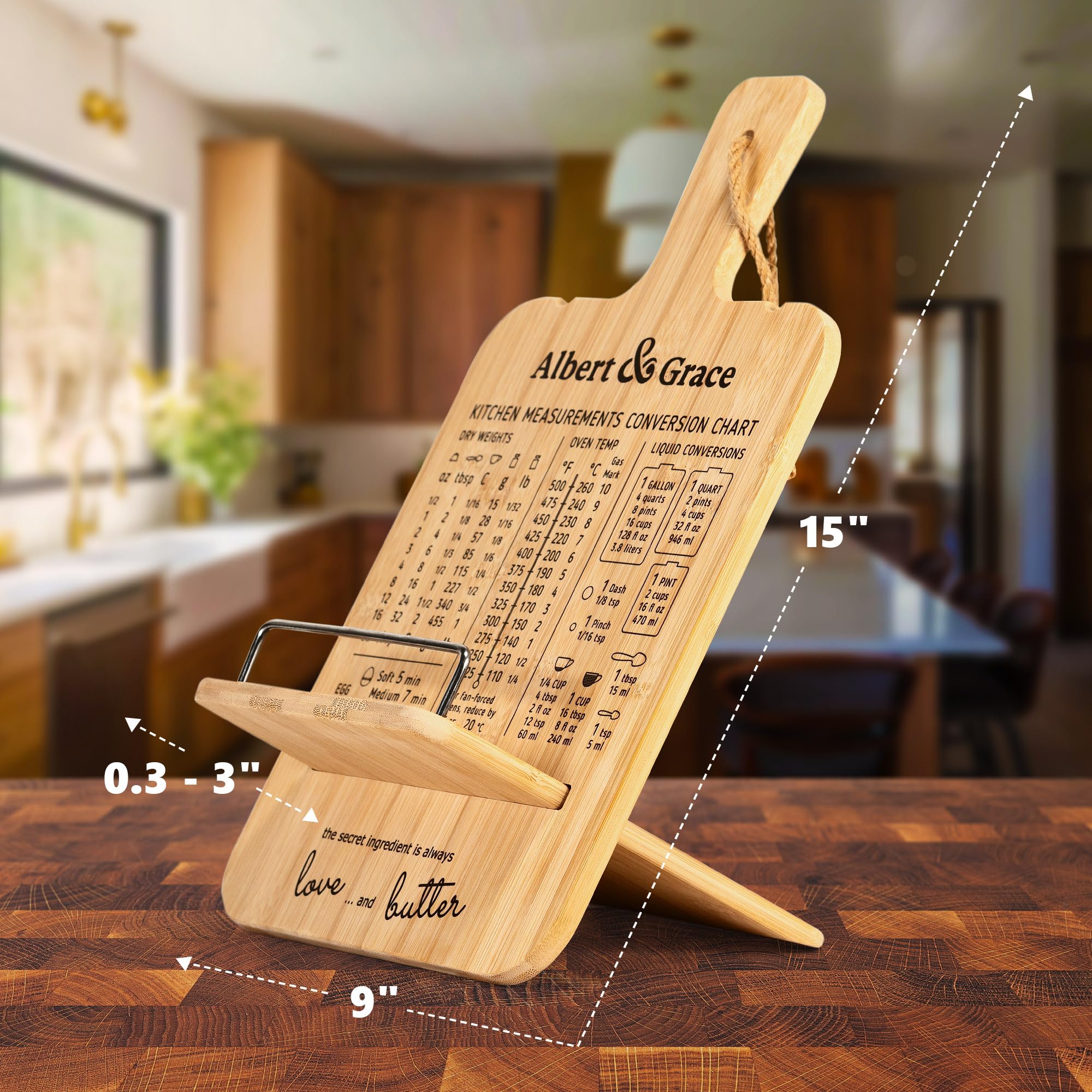 Albert&Grace sturdy bamboo base keeps cookbooks steady during meals.