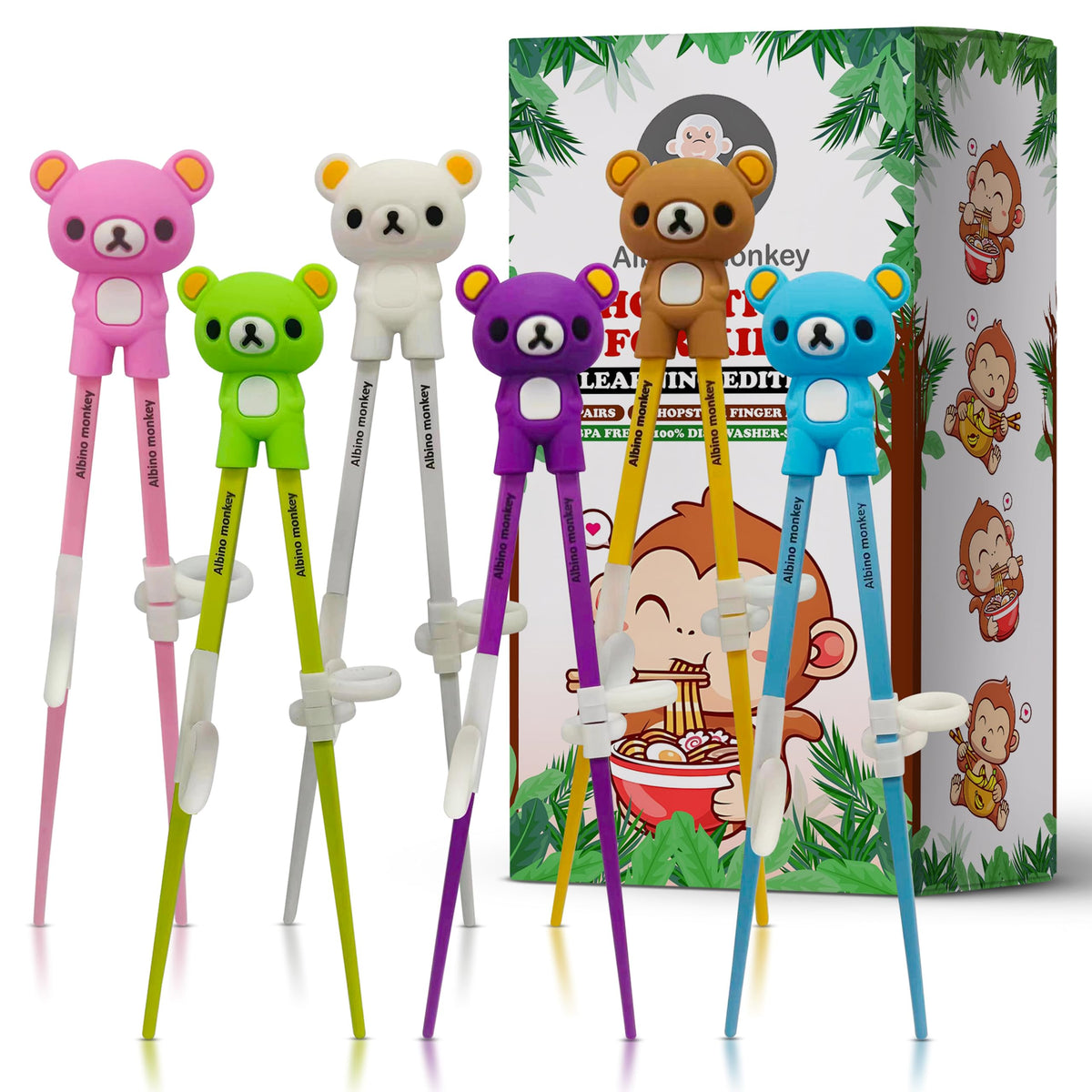 Albino Monkey Kids Chopsticks with bear design for joyful mealtime practice.