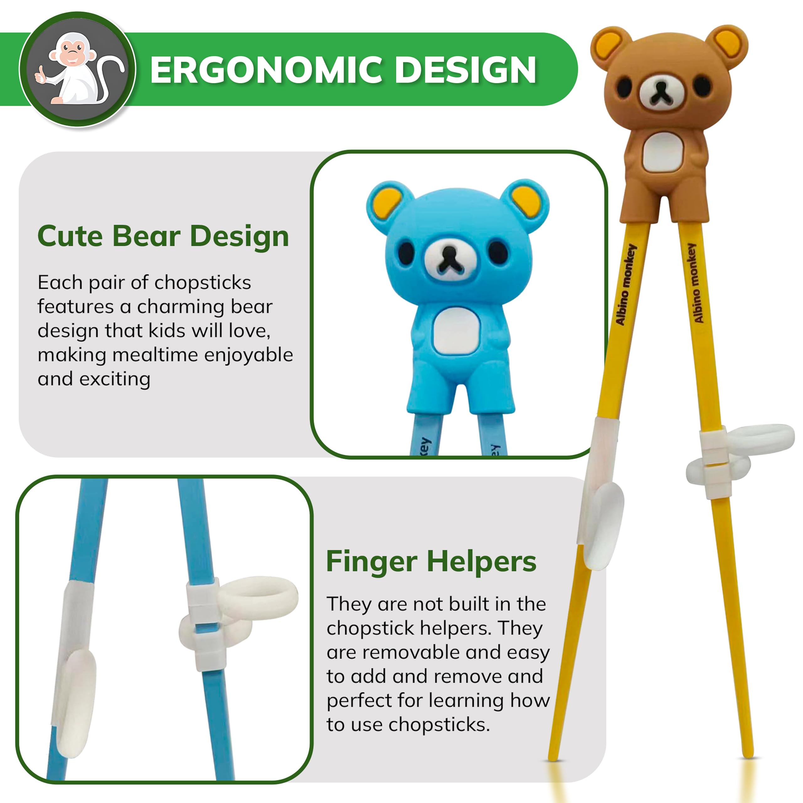 Albino Monkey colorfully styled chopsticks help kids track food and stay focused.