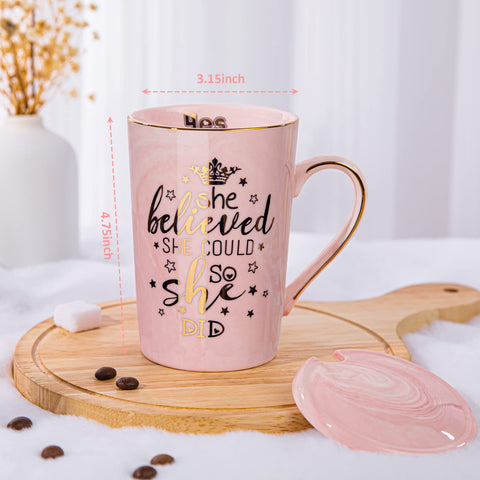 ALBISS 14oz pink ceramic mug with gold print for daily coffee.