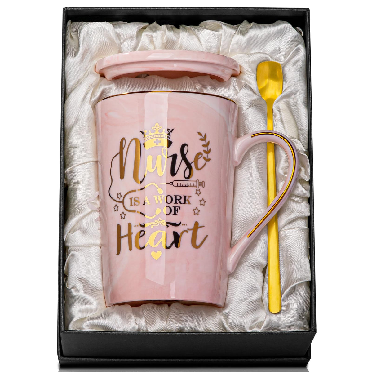 ALBISS nurse mug with gold print, elegant morning coffee companion.