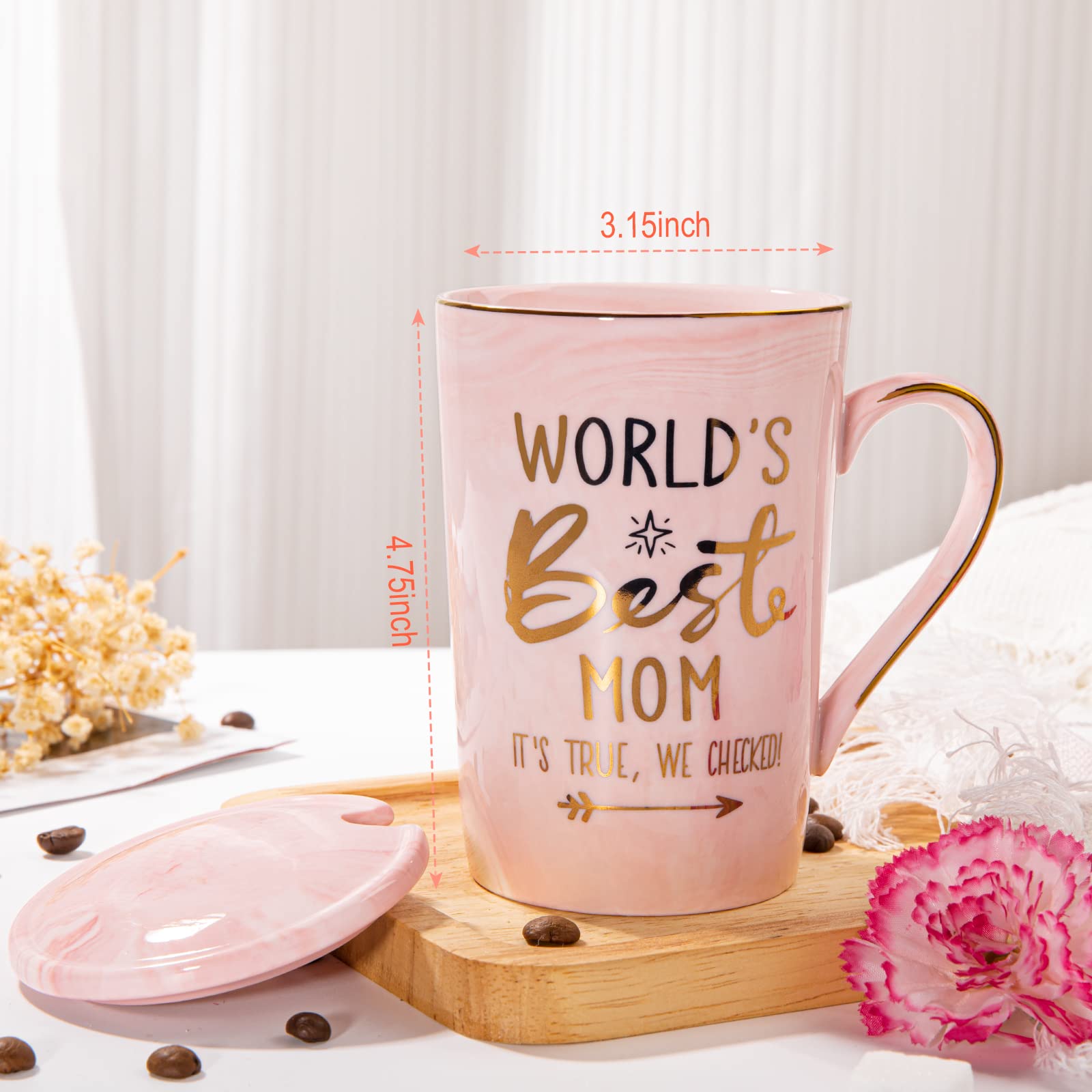ALBISS pink marble mug with lid and spoon, everyday use.