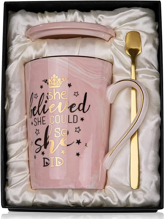 ALBISS She Believed She Could So She Did mug in pink marble, ideal for graduations.