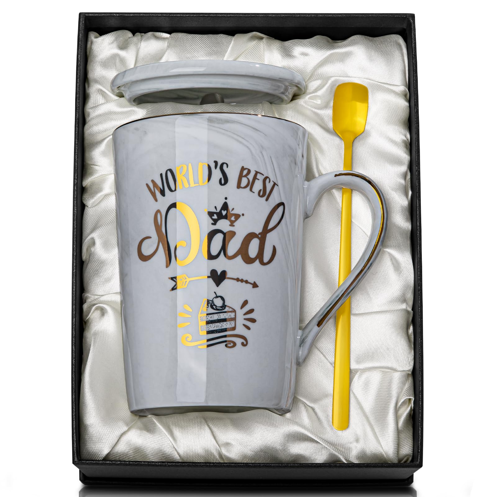 ALBISS World’s Best Dad mug in grey marble with lid, ideal for daily coffee.