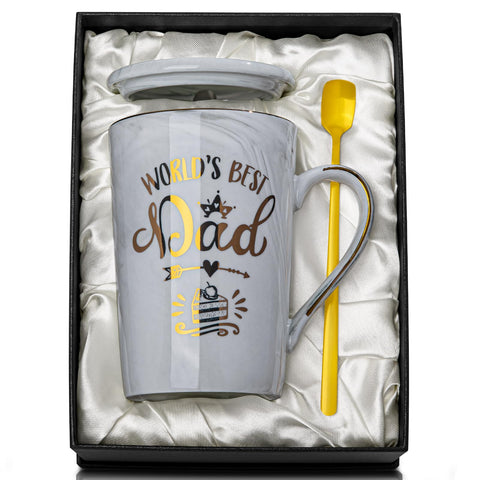 ALBISS World’s Best Dad mug in grey marble with lid, ideal for daily coffee.