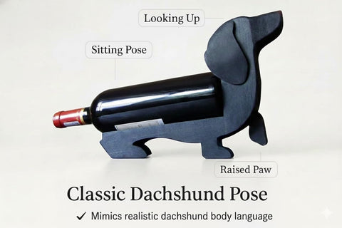 ALCEDIA dachshund wine bottle holder side profile; elegant form complements home bar aesthetics for stylish entertaining.
