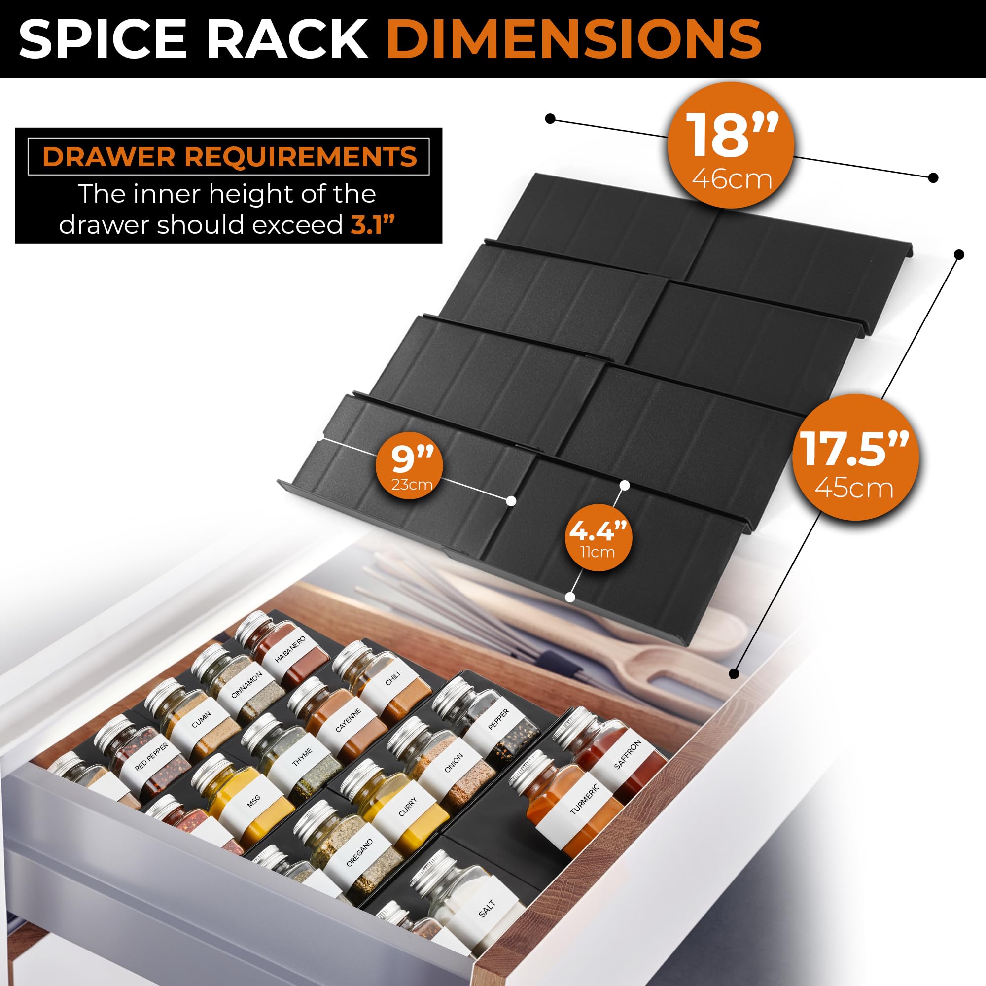 ALCOVA Spice Drawer Organizer 4-tier design holds 16–32 jars for easy access.