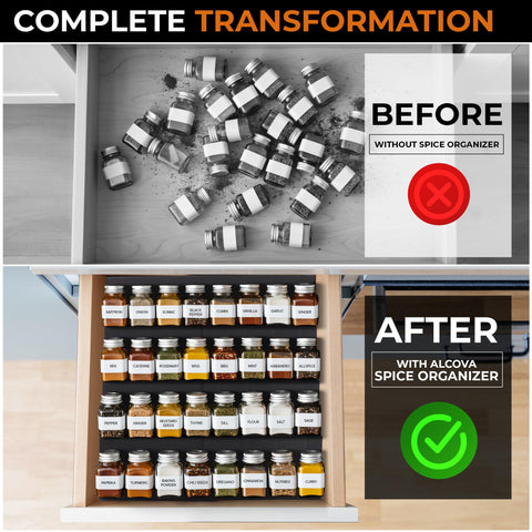 ALCOVA Spice Drawer Organizer in a cabinet drawer setup for versatile storage.