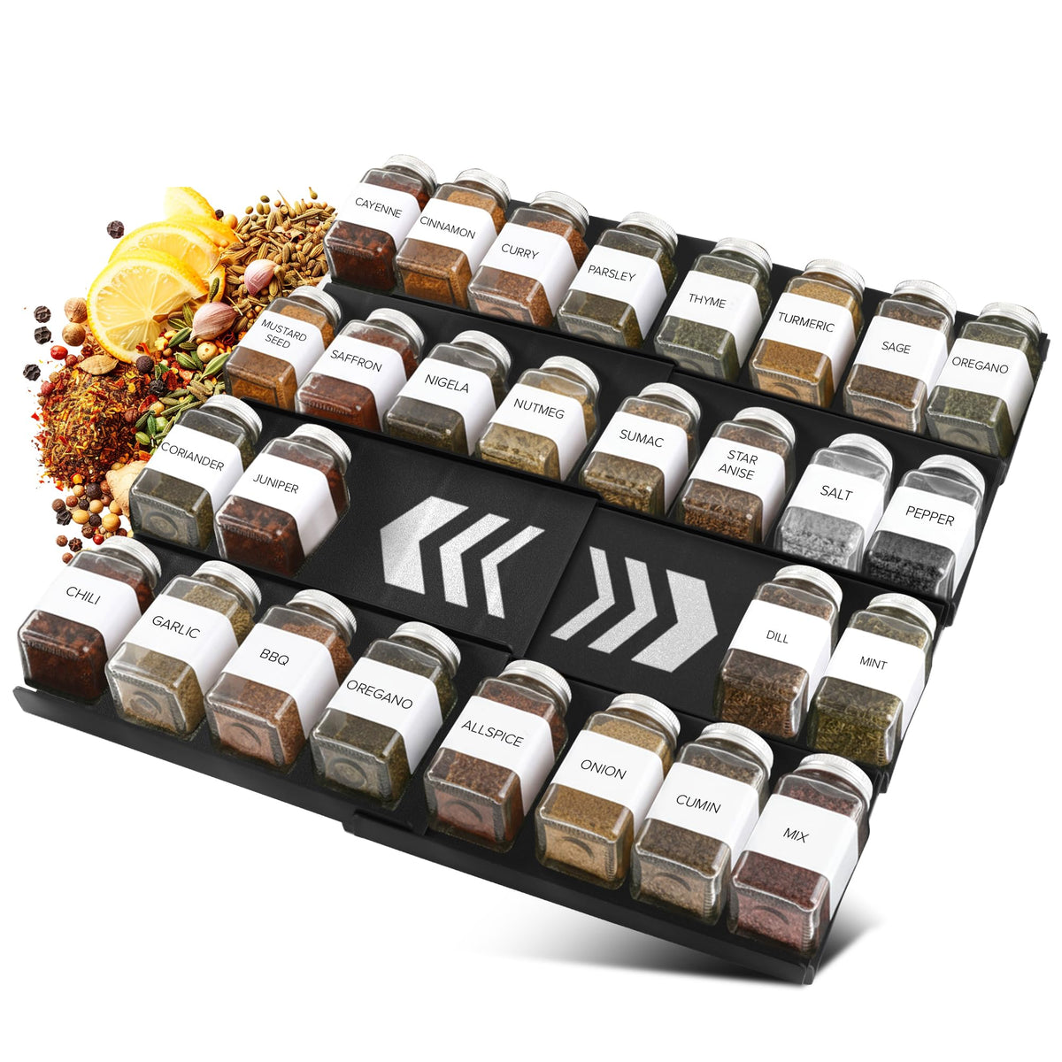 ALCOVA Spice Drawer Organizer extended in a drawer for a customizable fit.