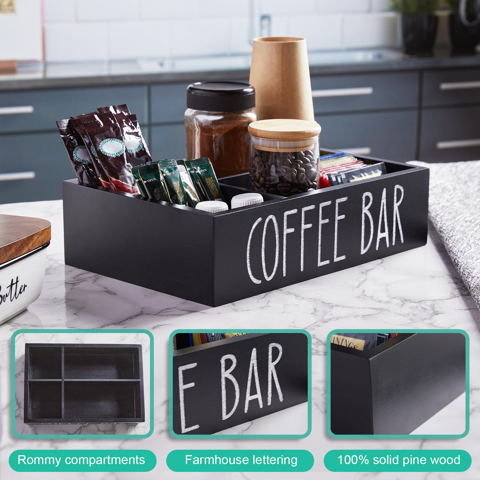 ALELION black wood coffee bar decor adds rustic charm to any setup.