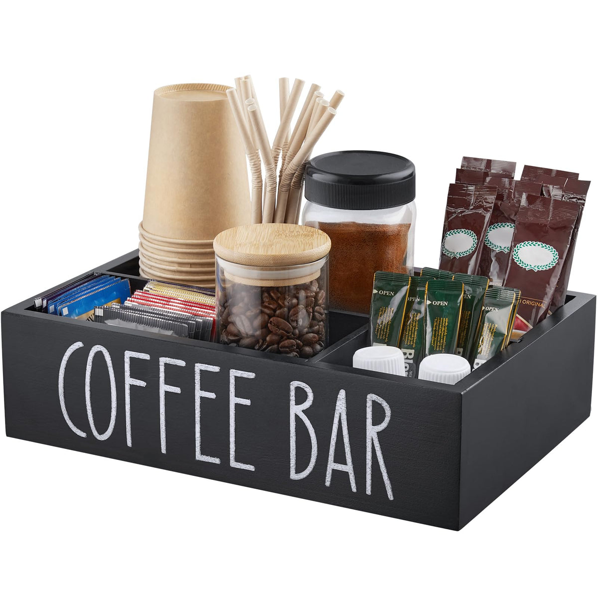 ALELION coffee station organizer in wood countertop display keeps pods and condiments organized.