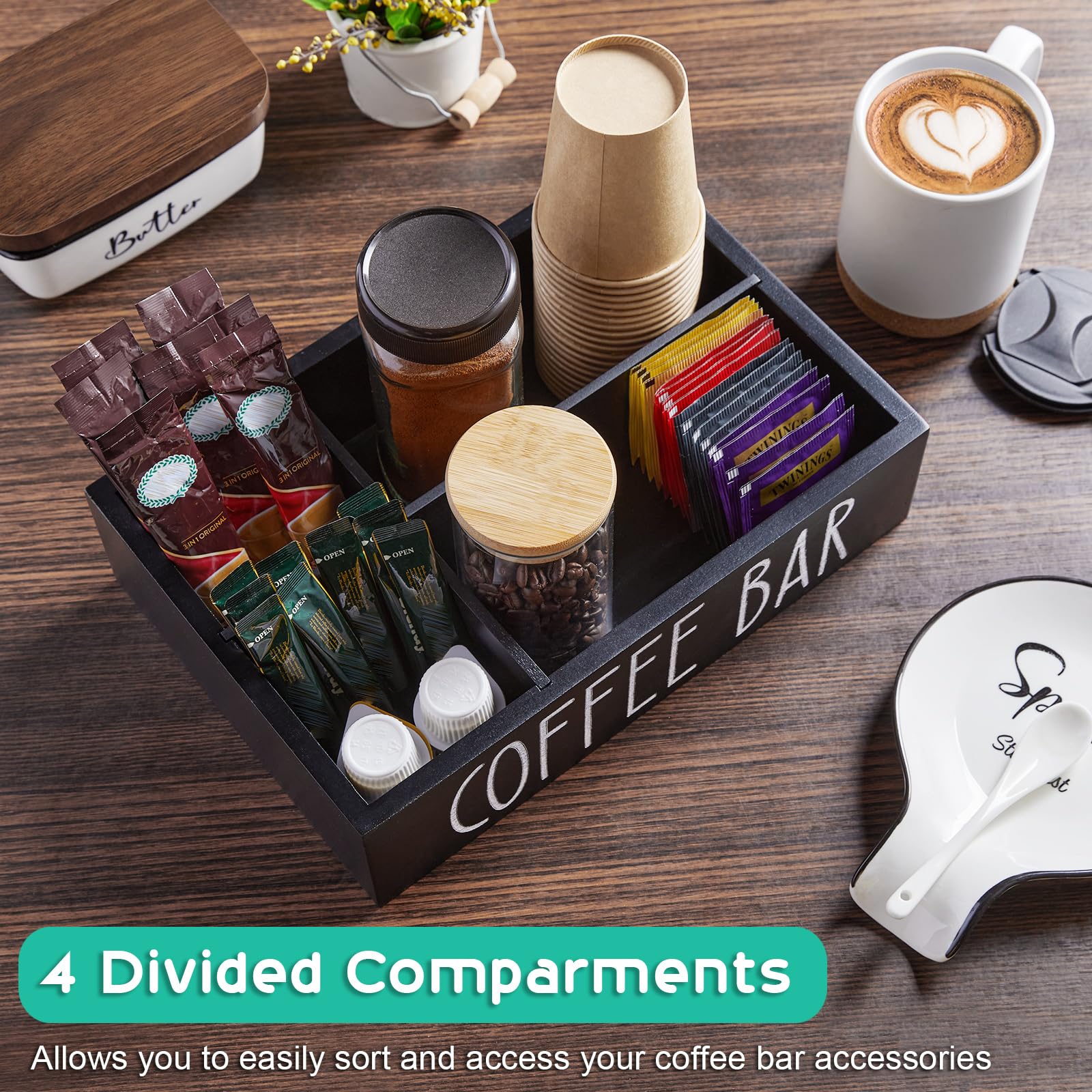 ALELION four-compartment organizer keeps pods, sugar, and cups neatly separated.