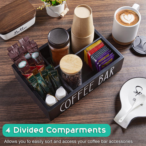 ALELION four-compartment organizer keeps pods, sugar, and cups neatly separated.