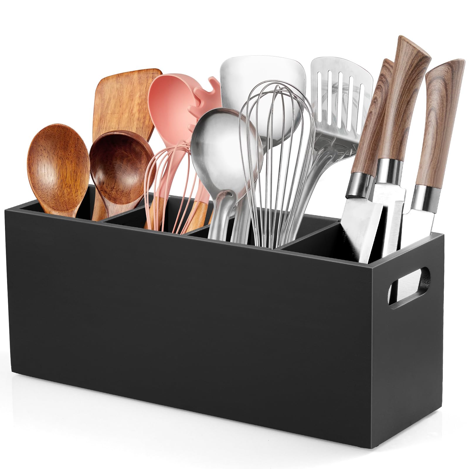 ALELION front view of the 4-compartment utensil holder keeps counters organized