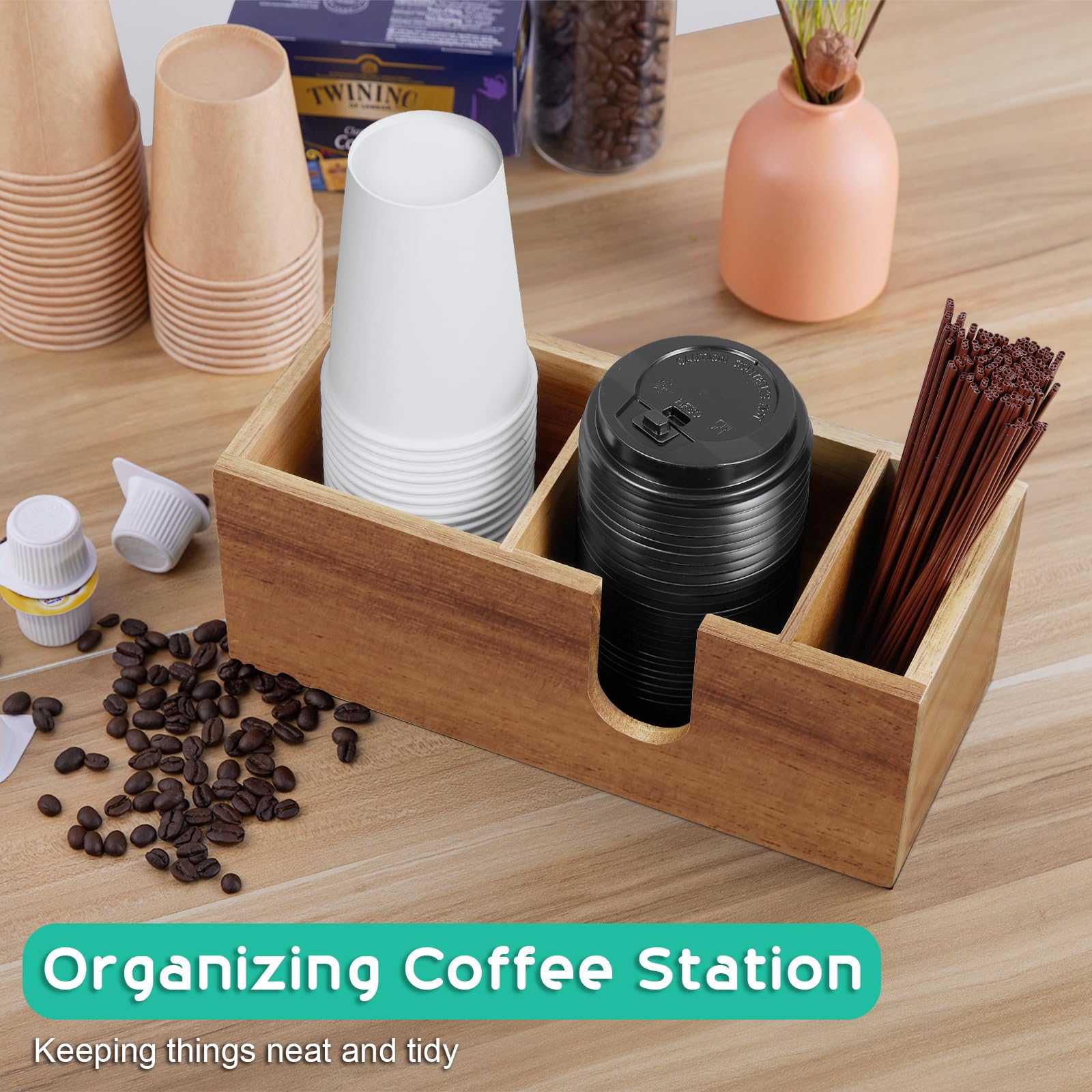 ALELION acacia wood coffee bar organizer holds lids, sleeves, and stirrers