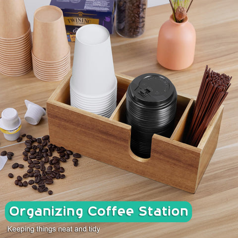 ALELION acacia wood coffee bar organizer holds lids, sleeves, and stirrers