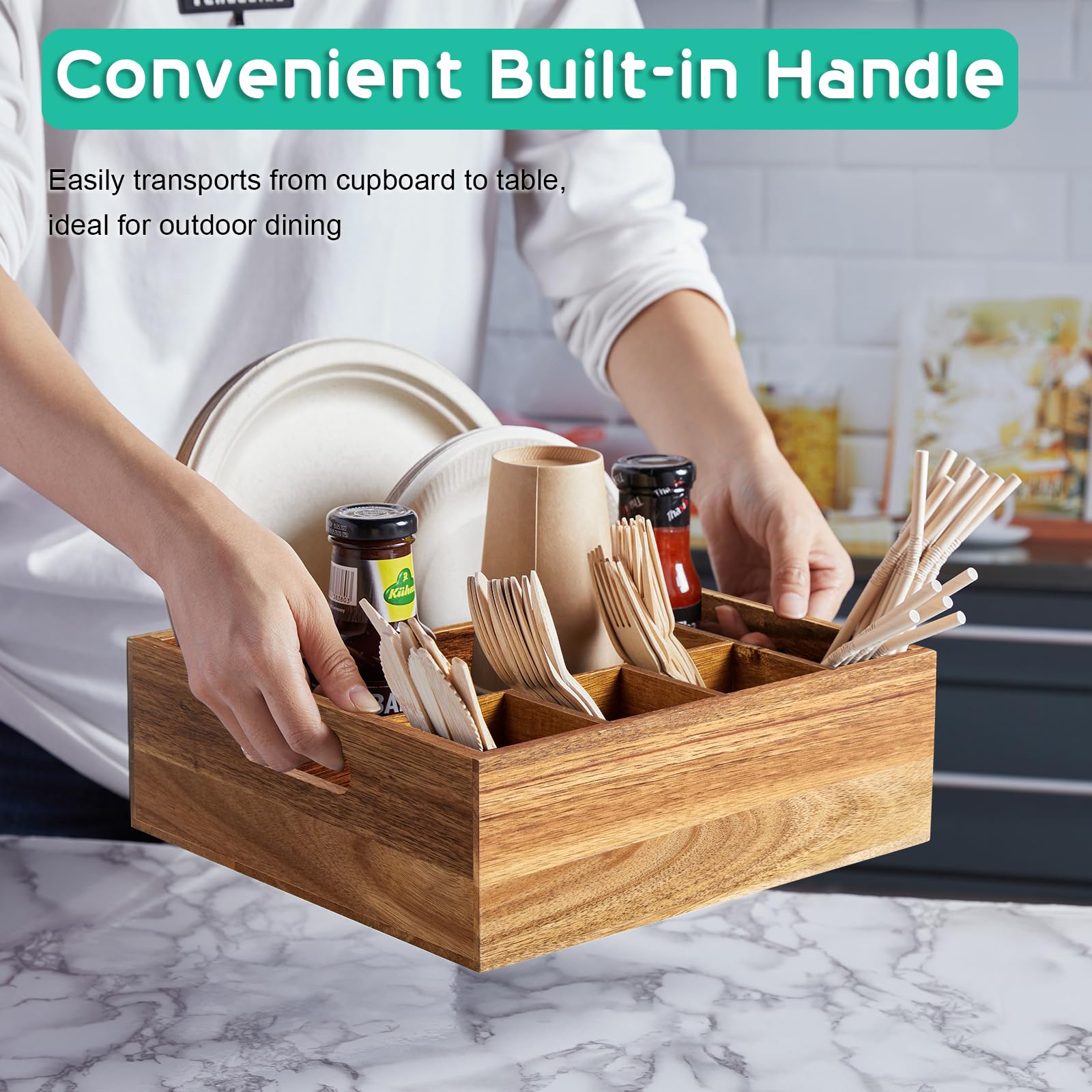 ALELION Acacia wood utensil caddy cup compartment keeps beverages organized on the counter