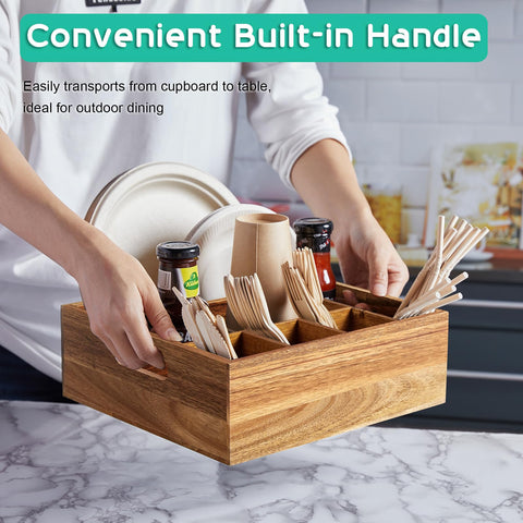ALELION Acacia wood utensil caddy cup compartment keeps beverages organized on the counter