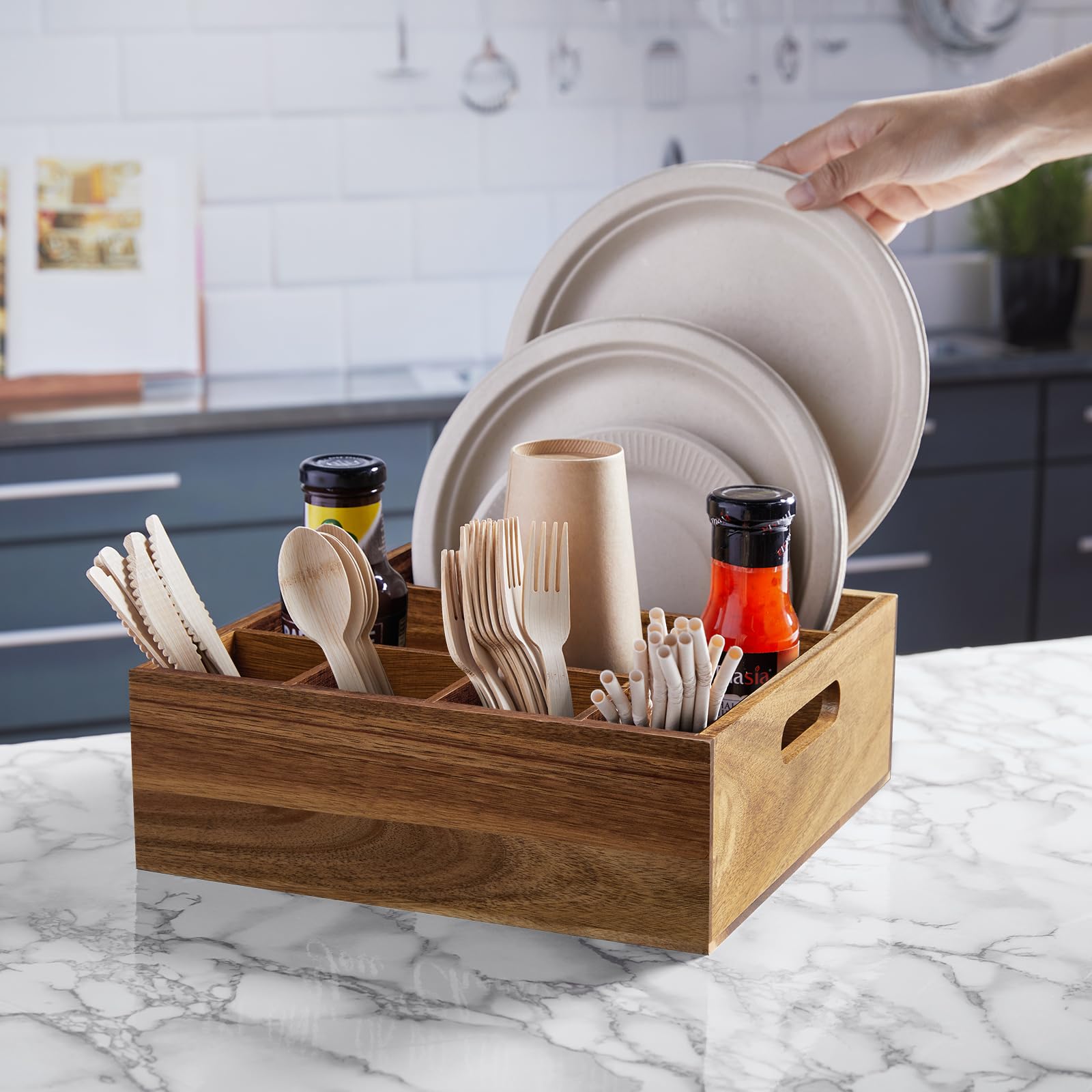 ALELION Acacia wood utensil caddy fork compartment keeps forks within easy reach
