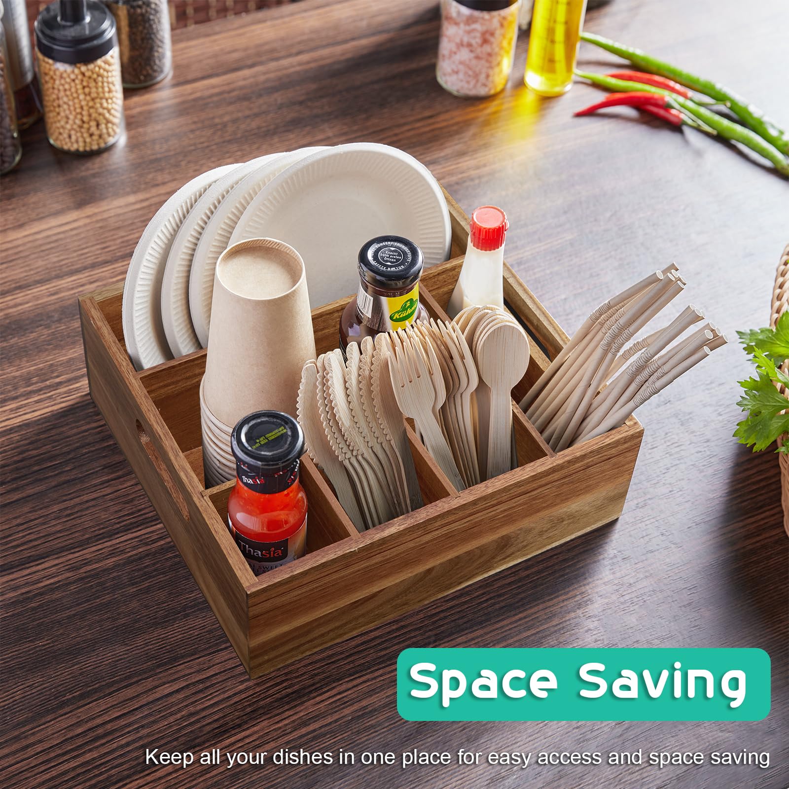 ALELION Acacia wood utensil caddy napkin area keeps table settings ready
