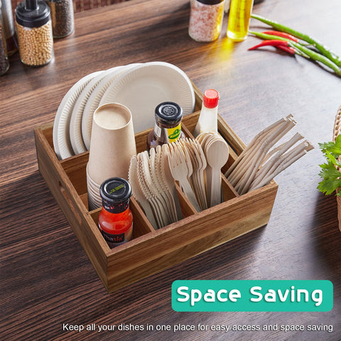 ALELION Acacia wood utensil caddy napkin area keeps table settings ready