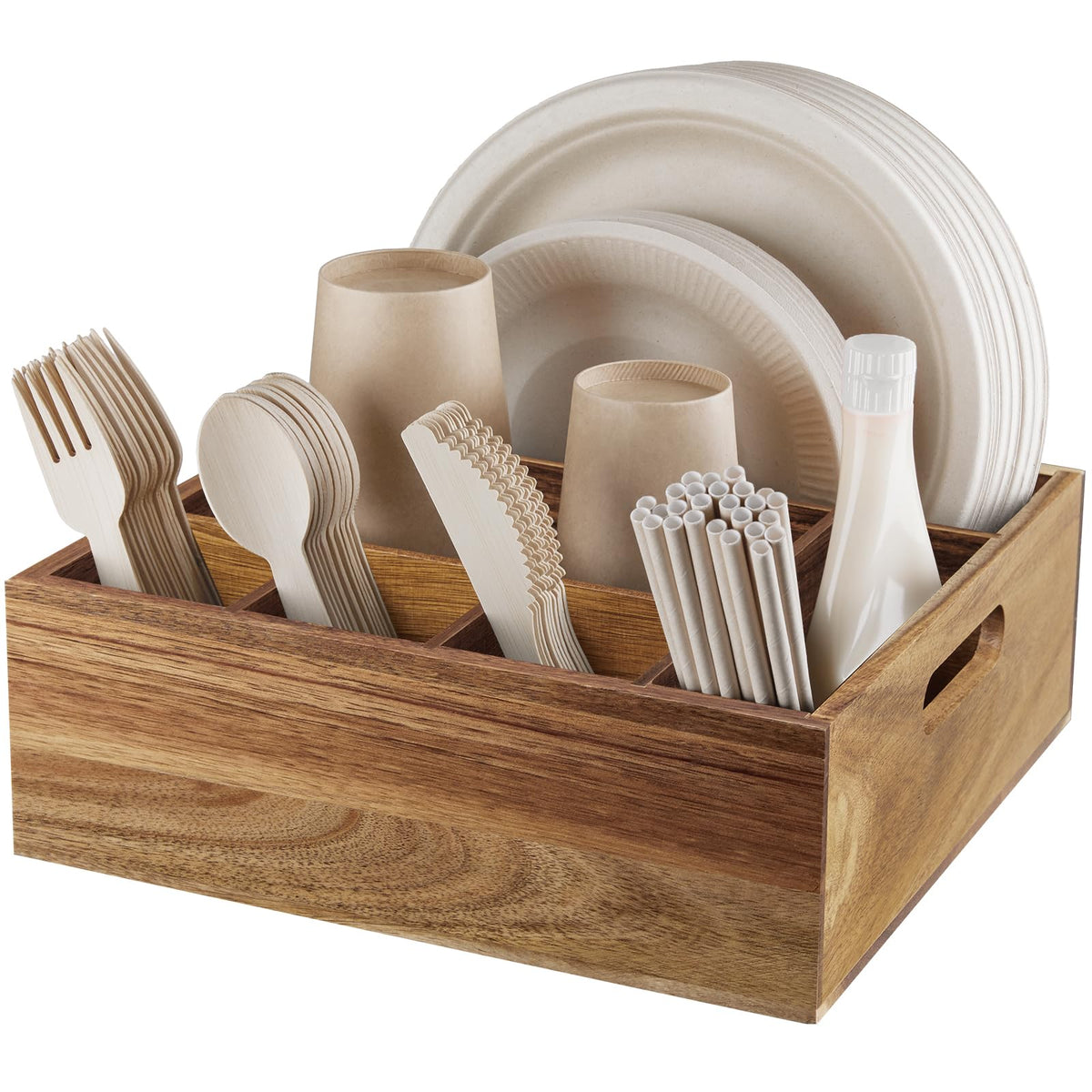 ALELION Acacia wood utensil caddy plate compartment keeps plates neatly organized for parties