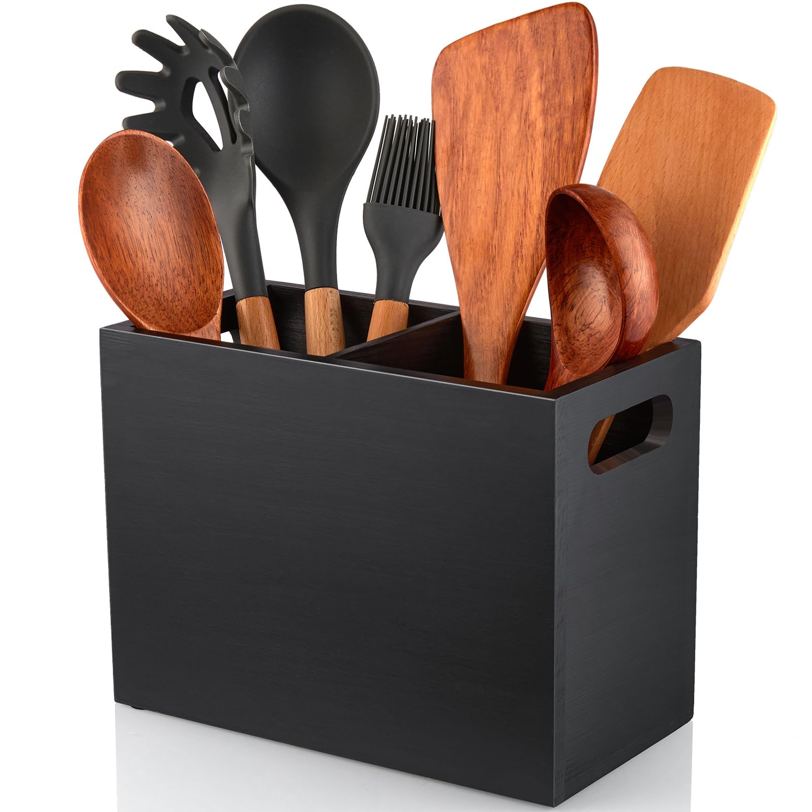 ALELION black utensil holder on countertop with two compartments for organized spatulas and ladles