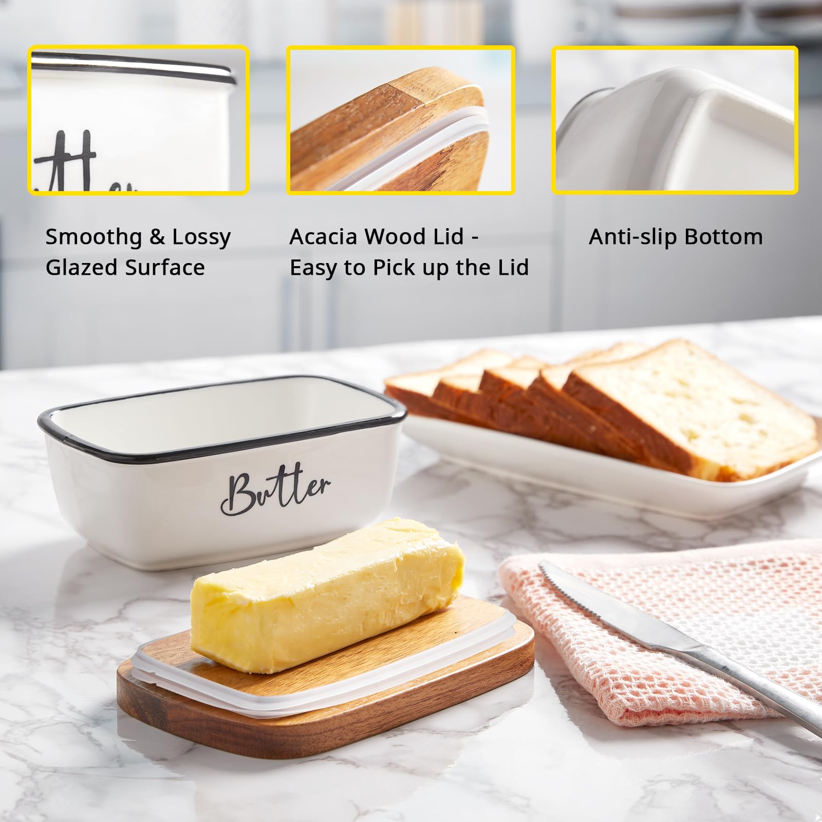 ALELION ceramic base highlights cooling properties that help keep butter firm.