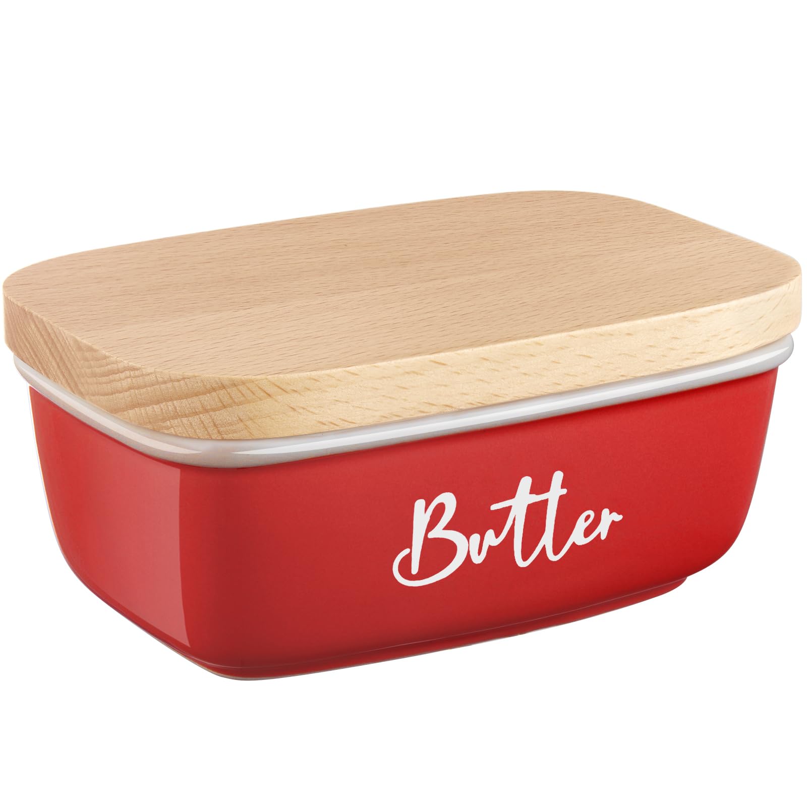 ALELION red butter dish with lid on counter, stylish and practical for easy butter access
