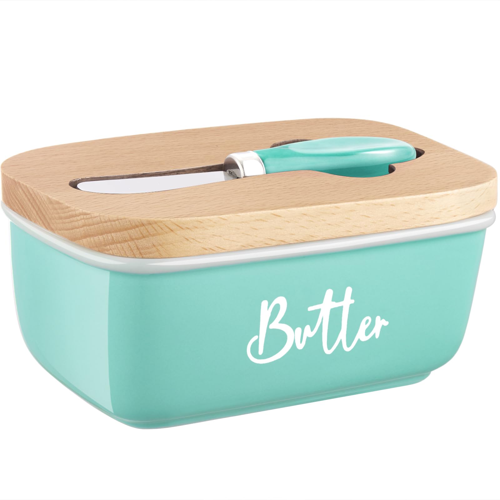 ALELION turquoise butter dish with lid on counter, ready for use.