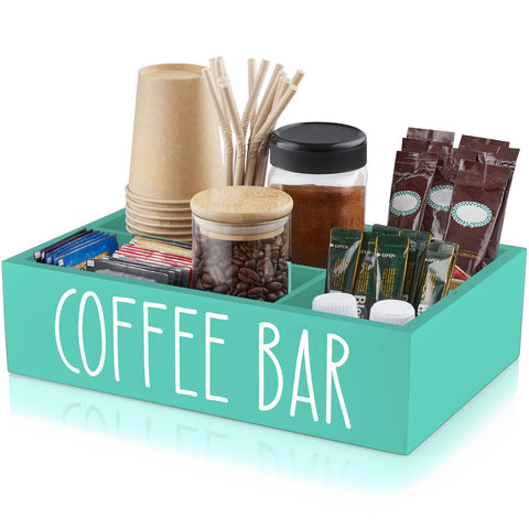 ALELION turquoise coffee station organizer on a clean counter with organized compartments.