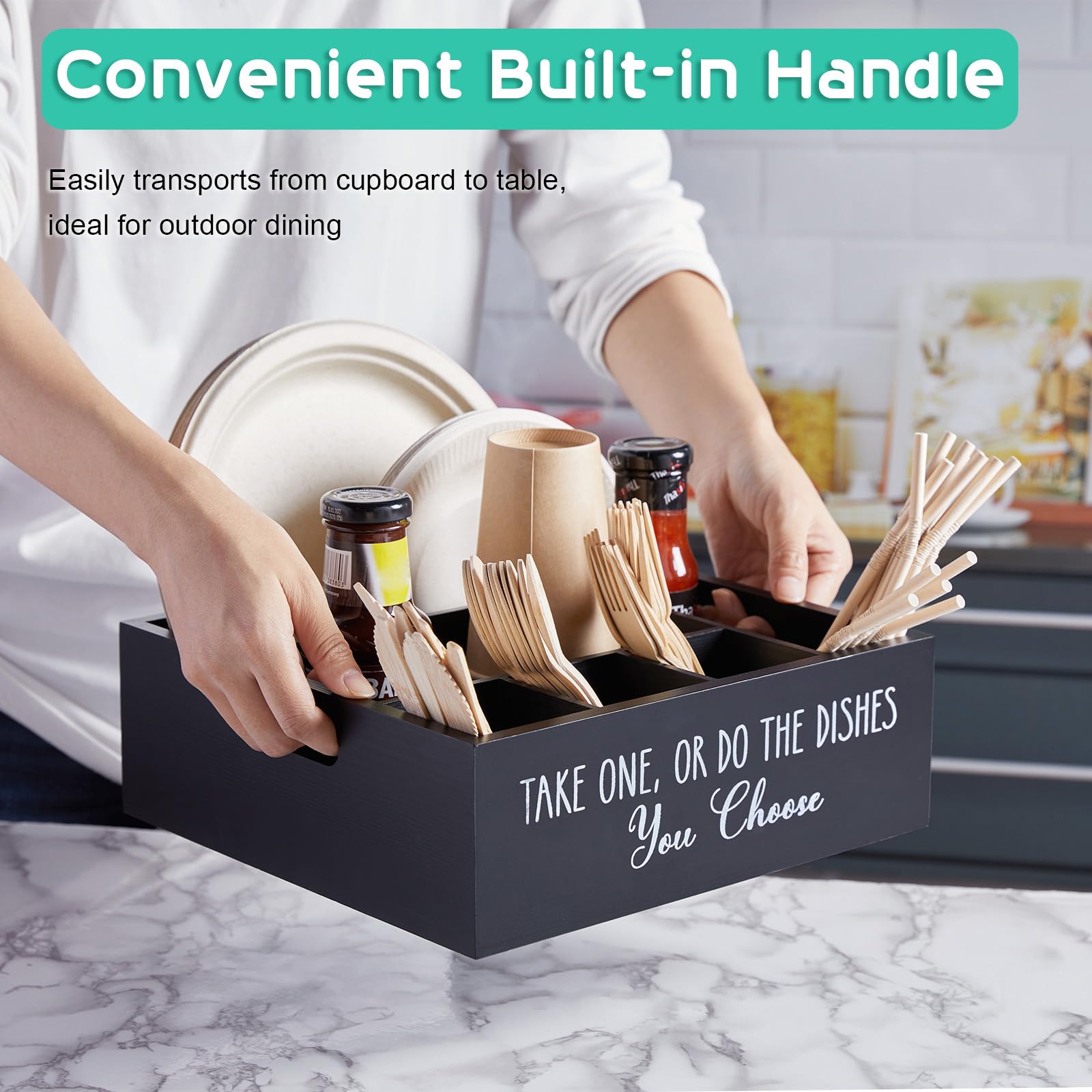 ALELION wooden utensil caddy close-up showing six compartments for organized dining tools