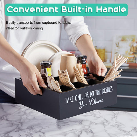 ALELION wooden utensil caddy close-up showing six compartments for organized dining tools
