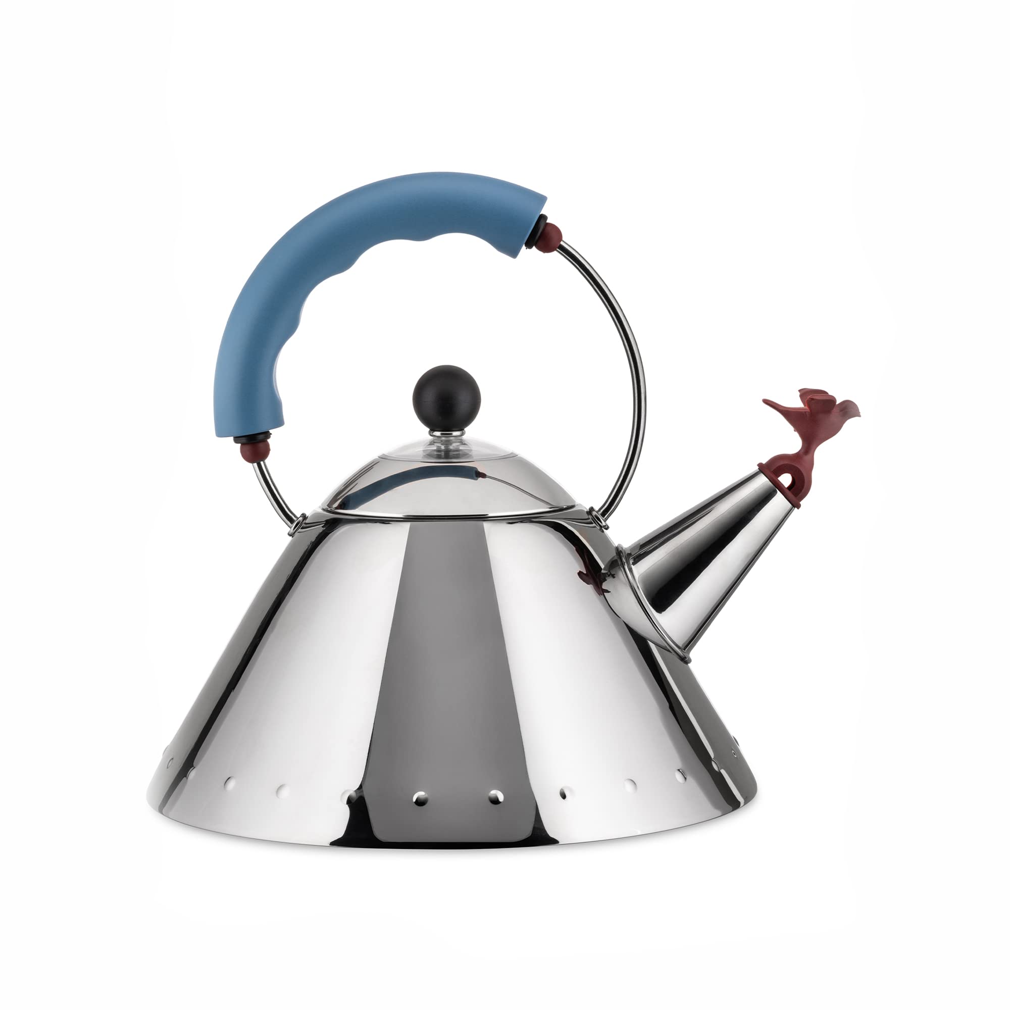 Alessi 9093 kettle with bird whistle, stainless steel body and blue handle for quick alert boiling