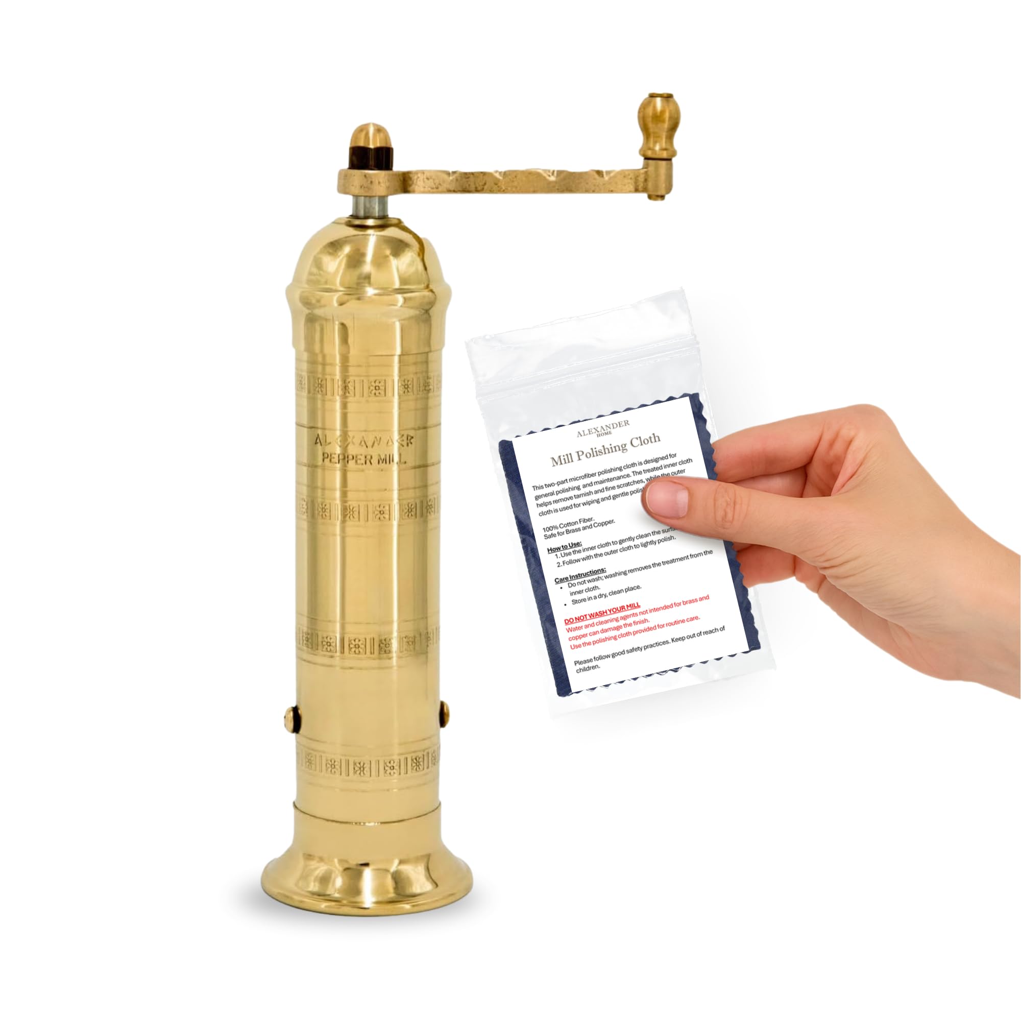 Alexander Home Greek pepper mill top view in brass, ready to grind