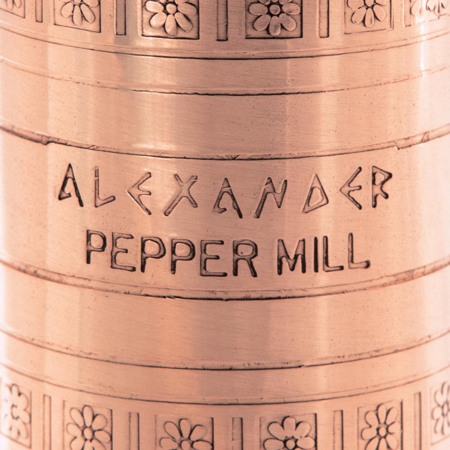 Alexander Home Original Greek Pepper Mill 8-inch copper mechanism close up with steel grinder