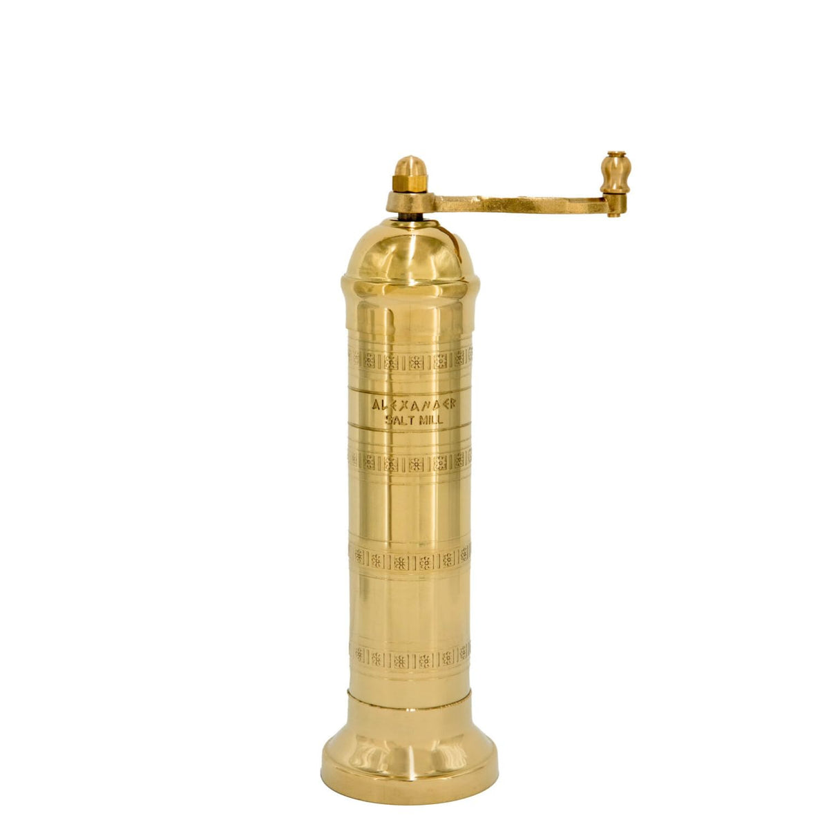 Alexander Home Original Greek salt mill brass body viewed from front for table use.