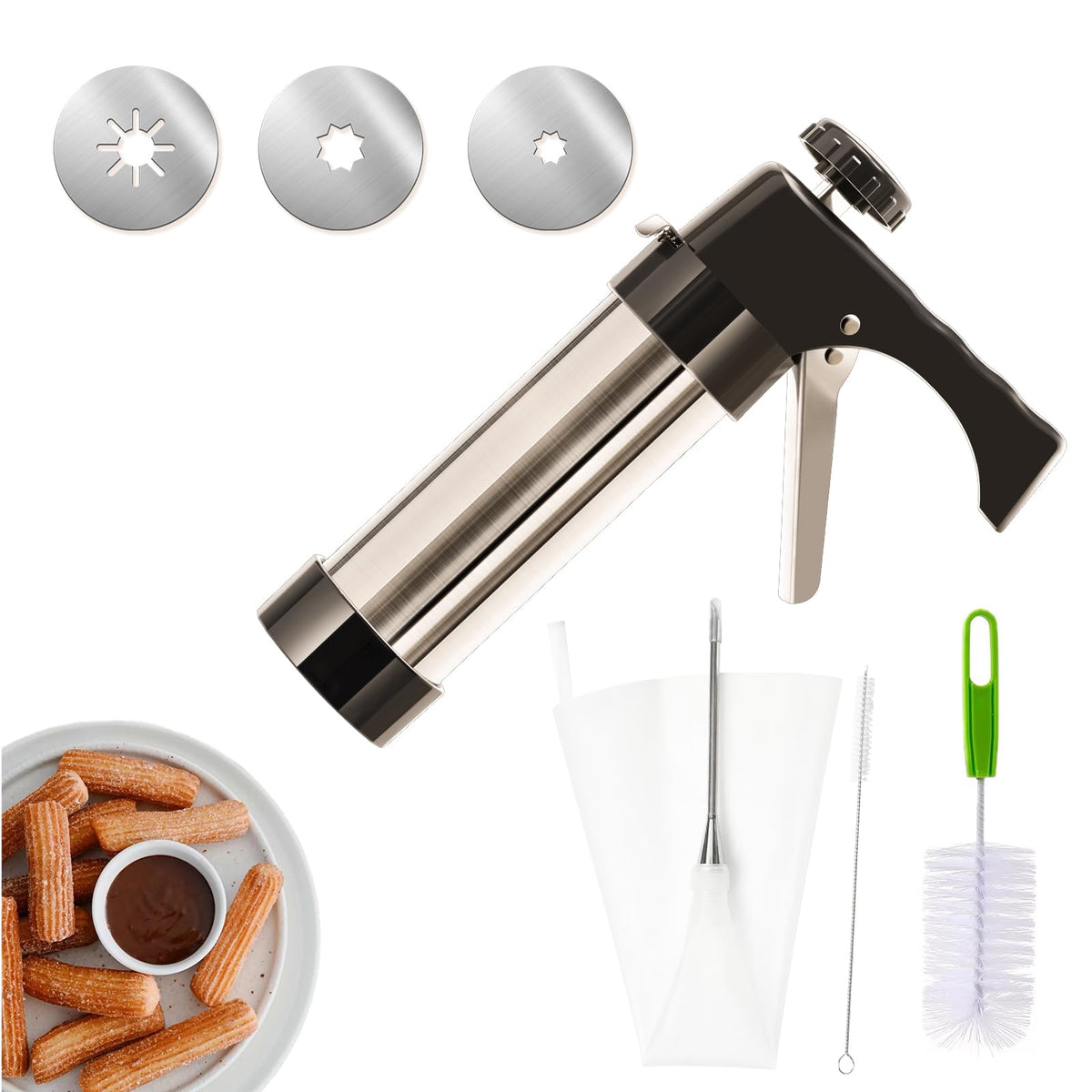 AlgoELF churro maker gun in stainless steel for authentic at-home churros