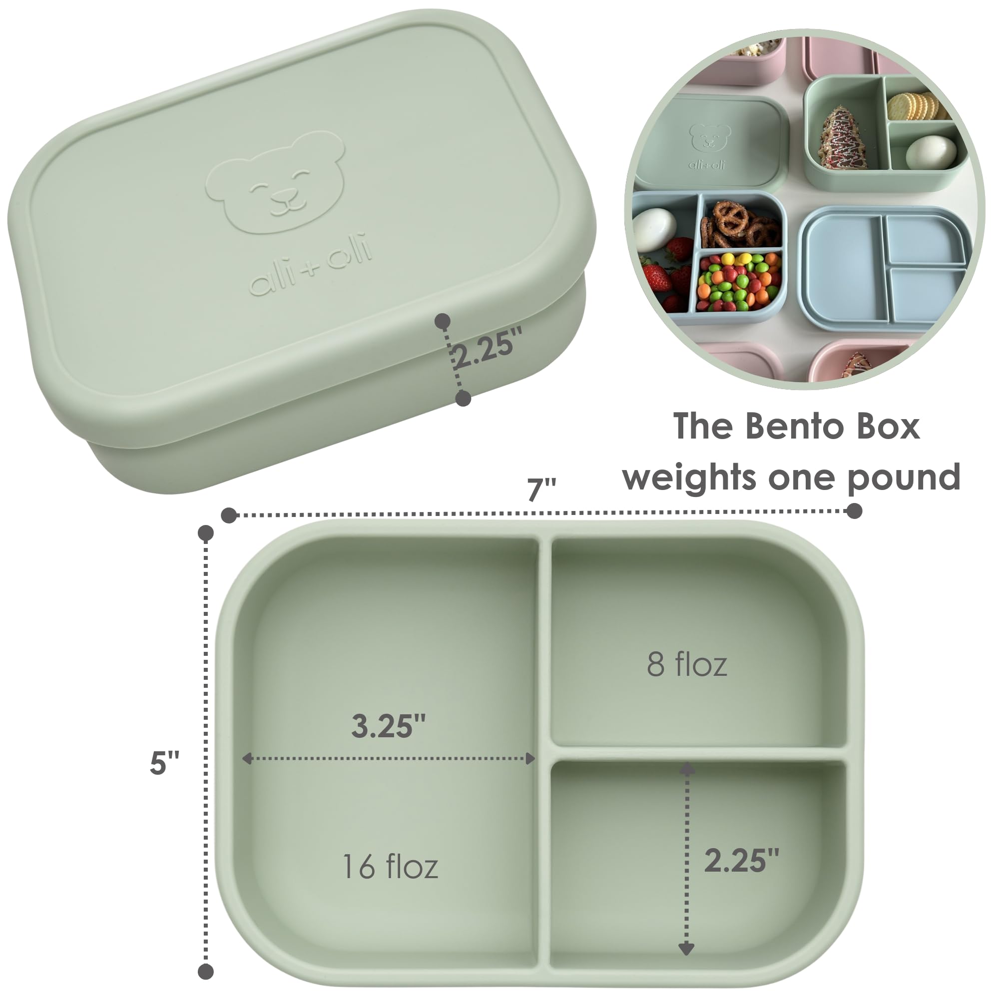 Ali+Oli pine lunch box open lid showing three compartments for variety